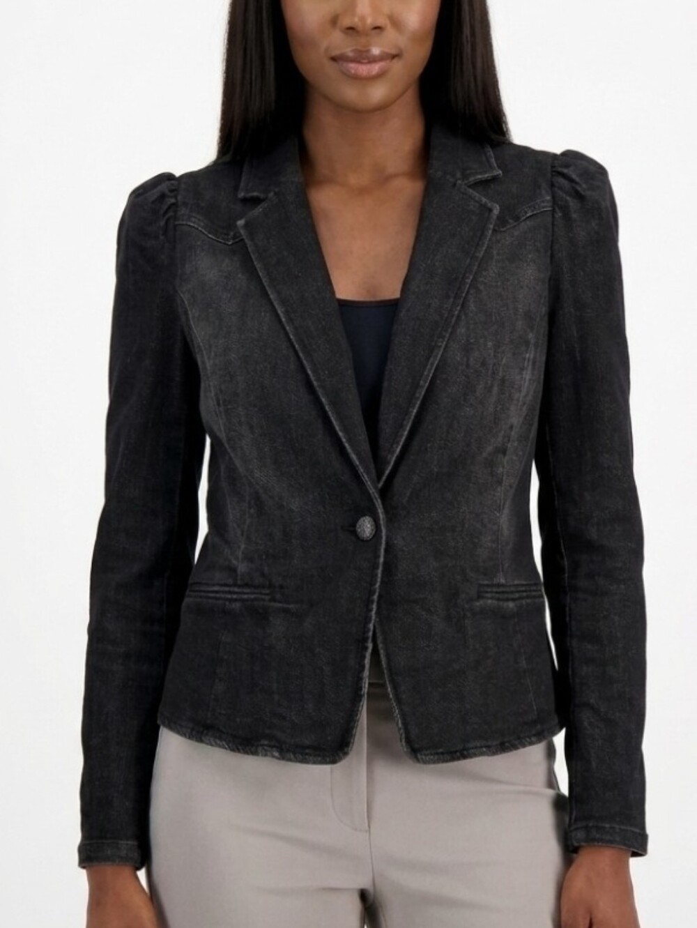 Pre-Loved INC Black Denim Puff-Sleeve Blazer